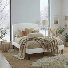 Allewie Modern Full/Queen/King Size Plush Teddy Fabric Bed Frame, Curved Upholstered Headboard, Easy Setup, Reinforced Durable Metal Frame, Under Bed Storage, No Box Spring Required, White - 白色 - 查看 2