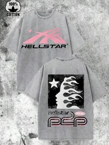 Hell Star Paradise Skull Flame Distressed Oversized Graphic Tee Men's Short Sleeve Pure Cotton T-Shirt Loose Fit, Y2K Streetwear Vintage Casual Punk Gothic Aesthetic Baggy 100% Cotton Pullover Gift - Grey - View 1
