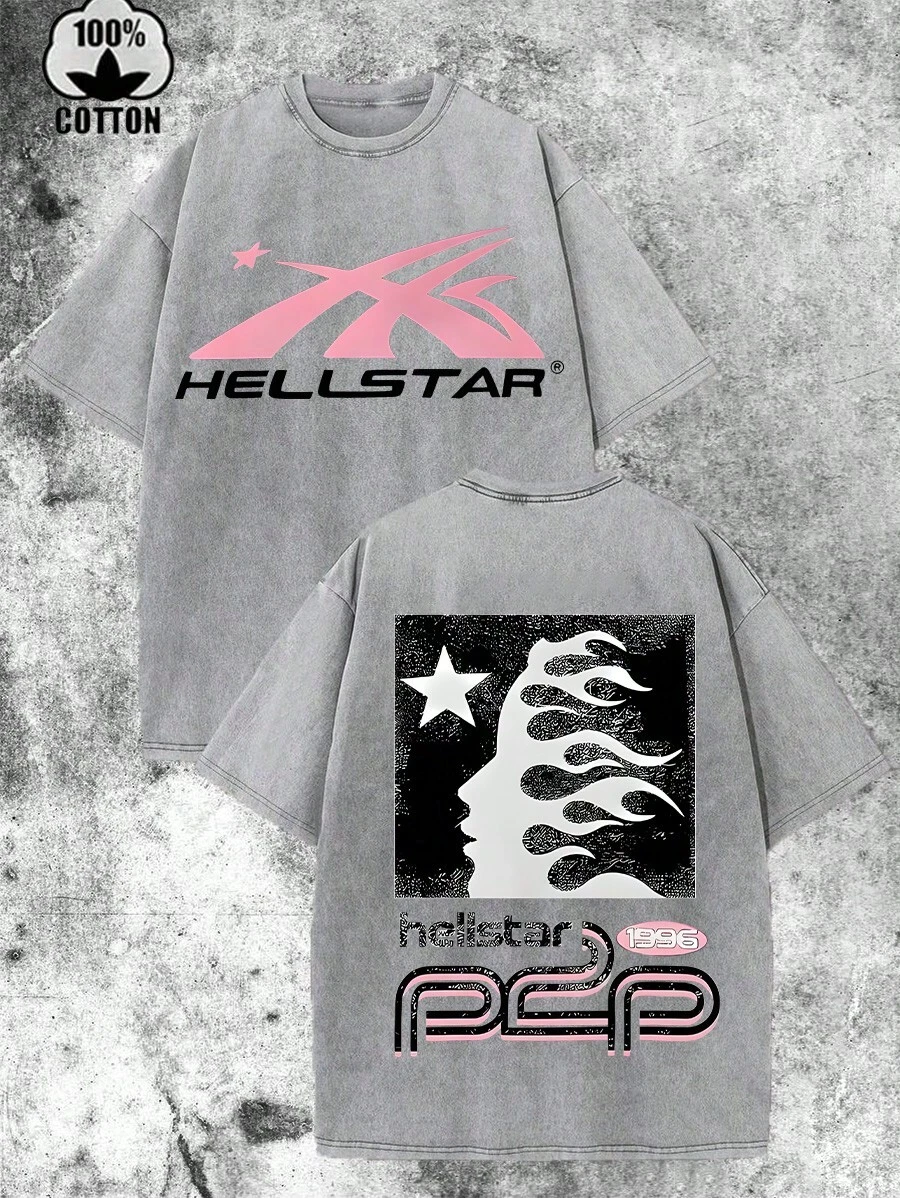 Hell Star Paradise Skull Flame Distressed Oversized Graphic Tee Men's Short Sleeve Pure Cotton T-Shirt Loose Fit, Y2K Streetwear Vintage Casual Punk Gothic Aesthetic Baggy 100% Cotton Pullover Gift - Grey - View 1