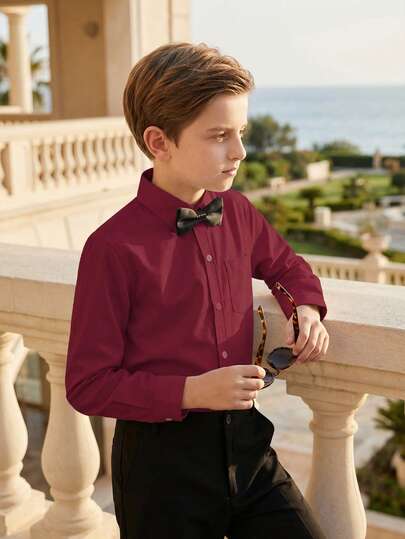 男童衬衫套装，带口袋和黑色领结，适合婚礼宾客穿着，经典正式衬衫和领结，6-16岁青少年适用，男童衬衫，适合婚礼、派对、学校等场合，英伦男童服装风格，四季皆宜