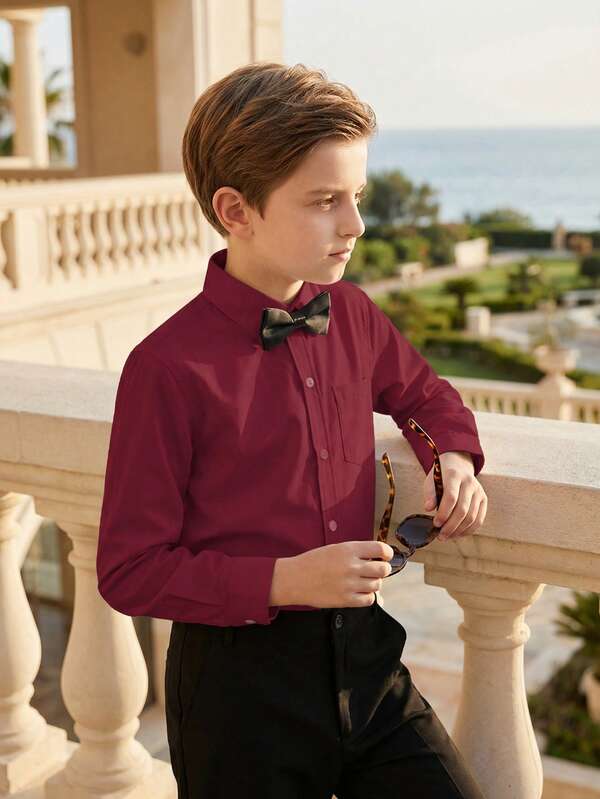 Camisa de vestir para niños con bolsillo y set de corbata de moño negra, vestimenta formal clásica para invitados de boda, camisas formales y corbatas de moño para adolescentes de 6 a 16 años, estilo de ropa británica para niños para bodas, fiestas, escuela y todas las estaciones