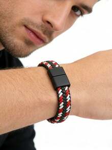 diffone 极简主义PU皮革绳编织手镯手链吊坠黑色磁性男士腕带饰品 - 皮革手鐲 - 查看 9