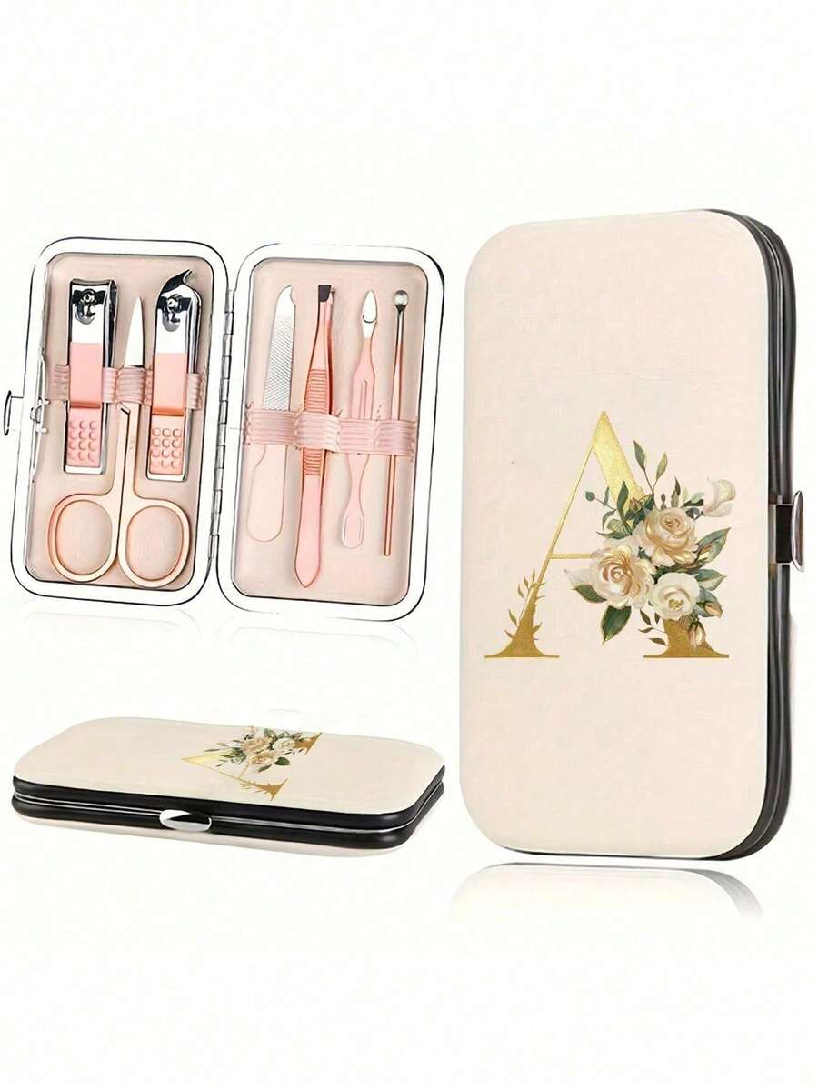 7件套首字母印花旅行美甲套装，金色字母A-Y，大容量美甲护理收纳盒，配有不锈钢工具，超锋利防溅指甲钳套装，经典设计剪甲盒，适用于移动美容、旅行、外出、寄宿学校和居家使用，清洁指甲的最佳选择，美甲师必备，小礼物交换、新年礼物、圣诞礼物 - 彩色 - 查看 1