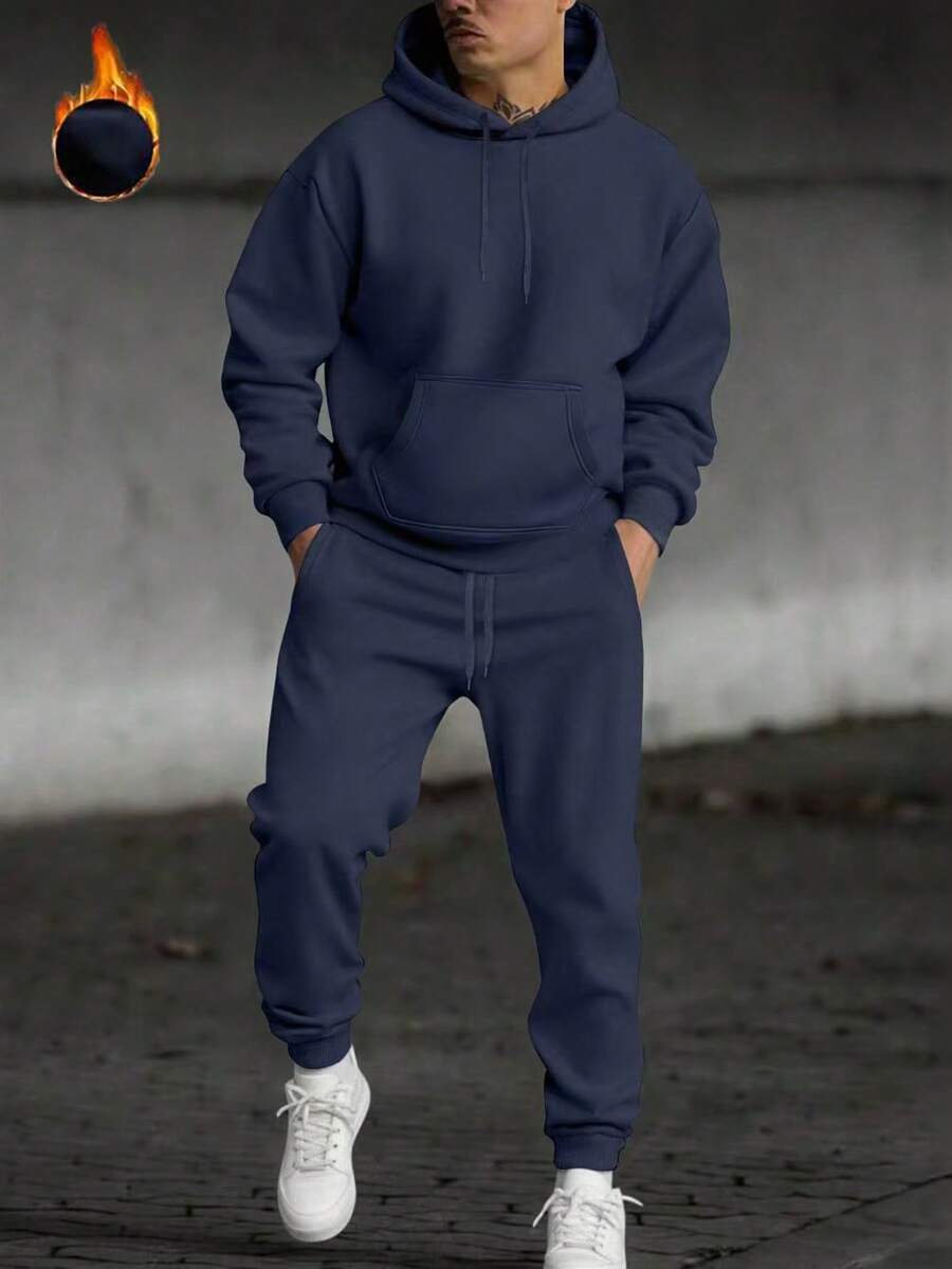 2pcs/Set Men's Casual Drawstring Pocket Hoodie And Drawstring Sports Pants Suit Spring - Navy Blue - View 1