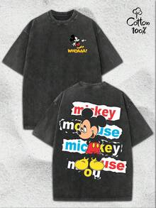 (230 Grams Of Pure Cotton Washed Fabric)Disney, Mickey, Mickey Mouse Printed T-Shirt. Retro Washed Street Fashion Casual T-Shirt,100 Percent Cotton.Retro Washed T-Shirt , Men's T-Shirt, Men's Casual, Comfortable, Fashionable T-Shirt, Street Style Cotton - Noir - Voir 1