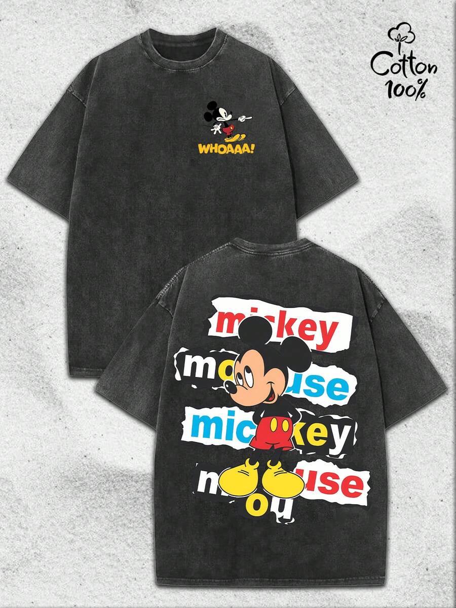 (230 Grams Of Pure Cotton Washed Fabric)Disney, Mickey, Mickey Mouse Printed T-Shirt. Retro Washed Street Fashion Casual T-Shirt,100 Percent Cotton.Retro Washed T-Shirt , Men's T-Shirt, Men's Casual, Comfortable, Fashionable T-Shirt, Street Style Cotton - Noir - Voir 1