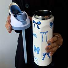1pc Blue Watercolor Bow Pattern/Insulated Double-Wall Stainless Steel Sports Water Bottle/Three Capacity Options (24oz, 32oz, 40oz)/Drinking With Two Methods (With Straw)/Suitable For Sports, School, Travel, Gym, Etc./Ideal As A - 藍色領結-24盎司 - 查看 1