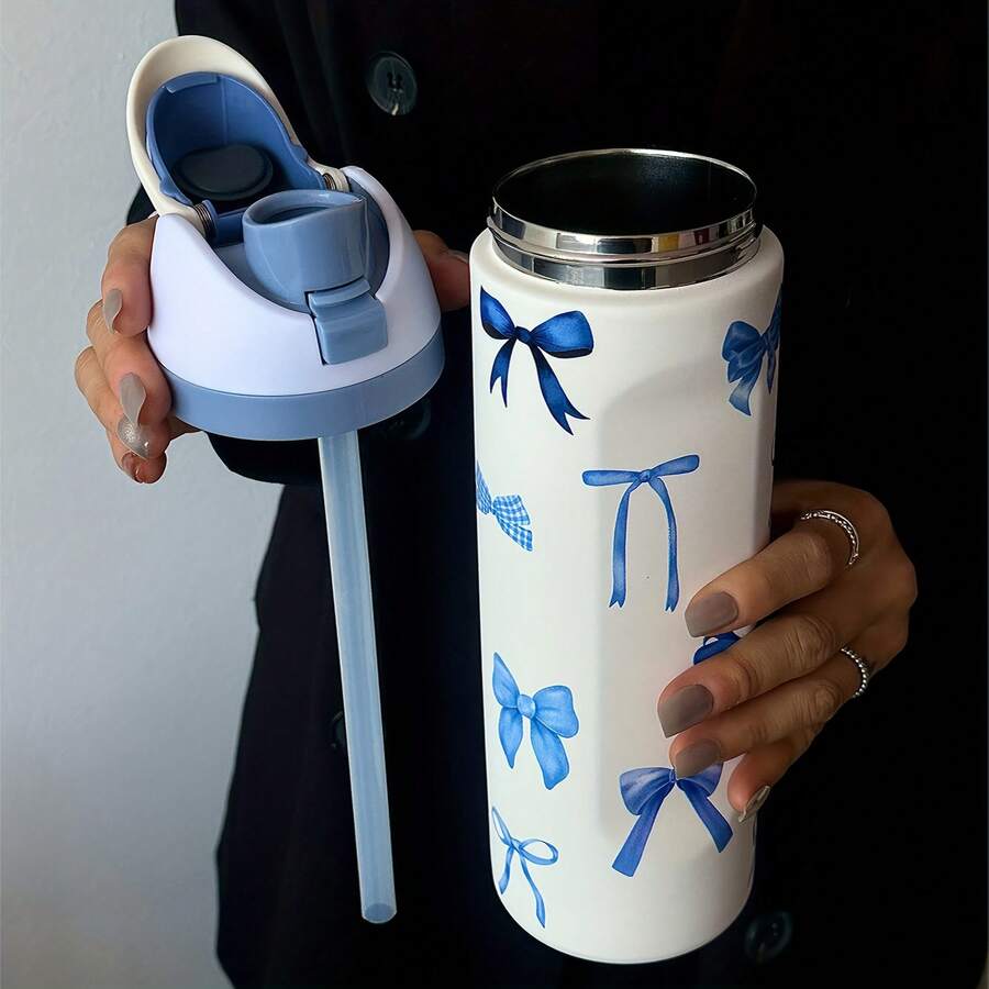 1pc Blue Watercolor Bow Pattern/Insulated Double-Wall Stainless Steel Sports Water Bottle/Three Capacity Options (24oz, 32oz, 40oz)/Drinking With Two Methods (With Straw)/Suitable For Sports, School, Travel, Gym, Etc./Ideal As A - 藍色領結-24盎司 - 查看 1