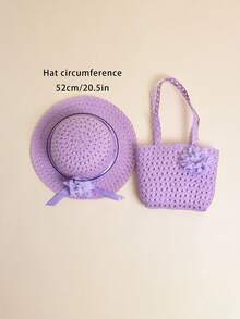 Set de 2 piezas de sombrero de paja con flores y bolso bandolera para niñas, conjunto ligero y transpirable de protección solar, adecuado para uso casual diario, exterior, playa, fiesta, regalo ideal para niños en el Día del Rey - 2 piezas - Ver 7