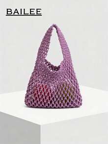 BAILEE 1pc Polyester Mesh Bottom Multicolor Solid Color Woven Tote Bag, Rhombus Pattern, Lightweight Portable Large Capacity Cute Japanese Style Exaggerated Beach Bag, Teacher Gift - Purple - View 3