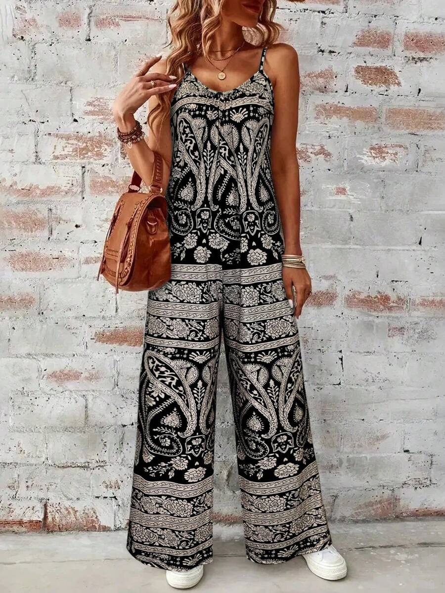 女士露肩露背系带长款印花连体裤 - 无袖连体裤，适合度假、日常穿着、休闲夏季装扮 - 灰色 - 查看 1