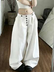 Women's Y2K Style White High Waisted Wide Leg Pants Button Front Pleated Casual Streetwear Going Out Trousers - White - View 1