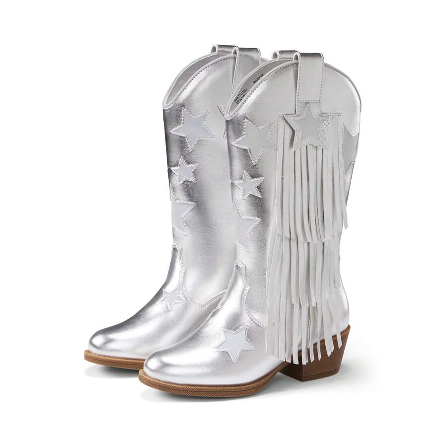 Girls Cowgirl Boots Pointed Toe Stars Tassel Western Cowboy Boots For Riding Vintage Fringe Platform Shoes - 銀色 - 查看 1