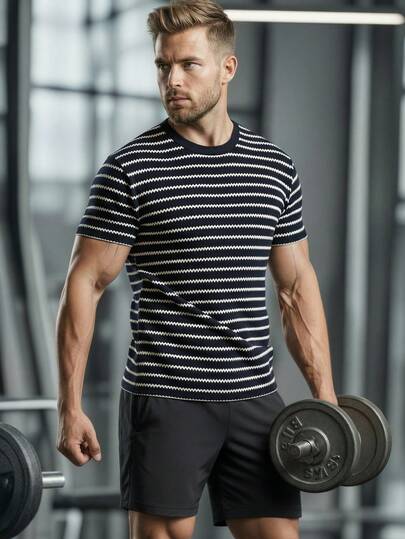 Men's Summer Striped Jacquard Slim Fit Short Sleeve T-Shirt, Suitable For Outdoor Sports, Gym Workout, And Daily Wear Spring