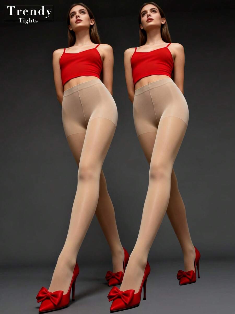 2条装女士薄纱杏色丝袜，舒适柔软性感紧身裤，时尚百搭连裤袜，春夏防紫外线无缝连裤袜 - 杏色 - 查看 1