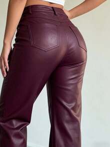 Women's High Waist Glossy PU Leather Wide Leg Pants, Matte Coating, Fashion Versatile, Suitable For Party, Commute, Music Festival, Vacation, Casual Straight Leg Pants, Spring/Summer Essential, Bestseller, Y2K Style, Suitable For Party, Commute, Holiday, Festival, Outdoor Activities, Spring/Summer Wear, Suitable For Tall Women, Outerwear, Black, Trousers - Burgundy - 1 - View 5