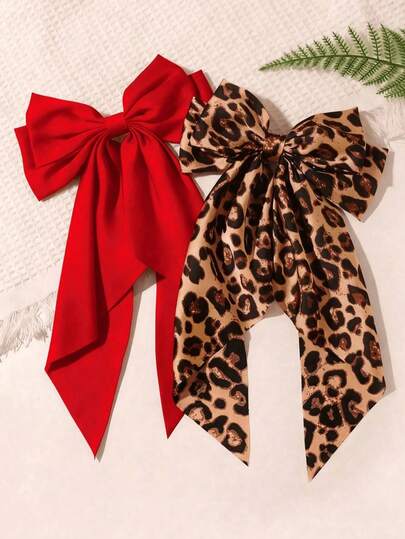 1/2Pcs Red Hairpin Leopard Print Hairpin Combination For Girls Bow Hair Clips Hair Barrettes Large Bowknot With Long Tail Hair Accessories For Girls Daily Wear Summer Vacation Birthday Party Gifts