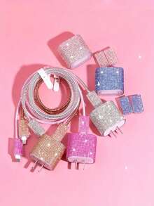 Shockproof Rhinestone 6pcs Set Rhinestone Data Cable Organizer Pouch Earphone Cable Protection Case Data Cable Pouch Square Coin Purse Multi Function Cable Protector Women's Day Gift - Multicolor - View 3
