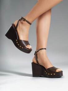 Women's Heeled Sandals Dressy 3.94-InchPlatform Square-Toe Ankle Buckle Studded Fashion Elegant Sandals For Outdoor Spring/Summer Shoes - 棕色 - 查看 3