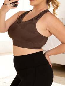Seamless Mesh Brown Sports Bra With Padding, Plus Size Fitness Bra - Brown - View 7
