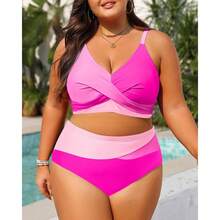 Plus Size Bikini SetPink - 1XL Color Block Swimsuit - Twist Front V Neck& High Waisted Bottoms - Women's Summer Beachwear - 多色655 - 查看 3