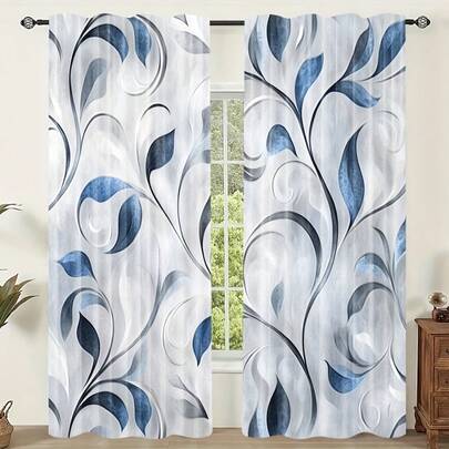2pcs Grey-Blue Curling Leaf Curtains, With A 2D Flat Print And Lightweight Fabric, Are An Ideal Choice For Bedroom/Living Room Window Decor, Perfectly Matching Modern Home Styles. They Also Feature A Rod-Bag Design.
