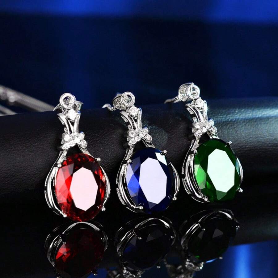 1件彩色三色项链,S925银材质,镶嵌绿色、红色和蓝色锆石吊坠,优雅女士项链,适合生日、派对和日常佩戴 - 銀色 - 查看 1