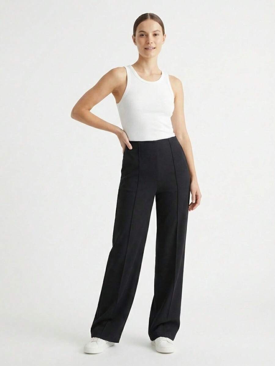 Black Soft Knit Wide Leg Pants With Ribbed Trim - Black - View 1