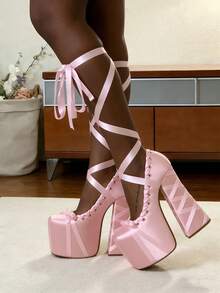 Mary Jane Sweet Lolita Platform Chunky High Heels Pumps For Women Fashion Ballet Cosplay Anime Satin Lace Bow Ribbon Y2K Punk Goth Hot Lovely Gir Baroque Shoes Woman - Hồng - Xem 3