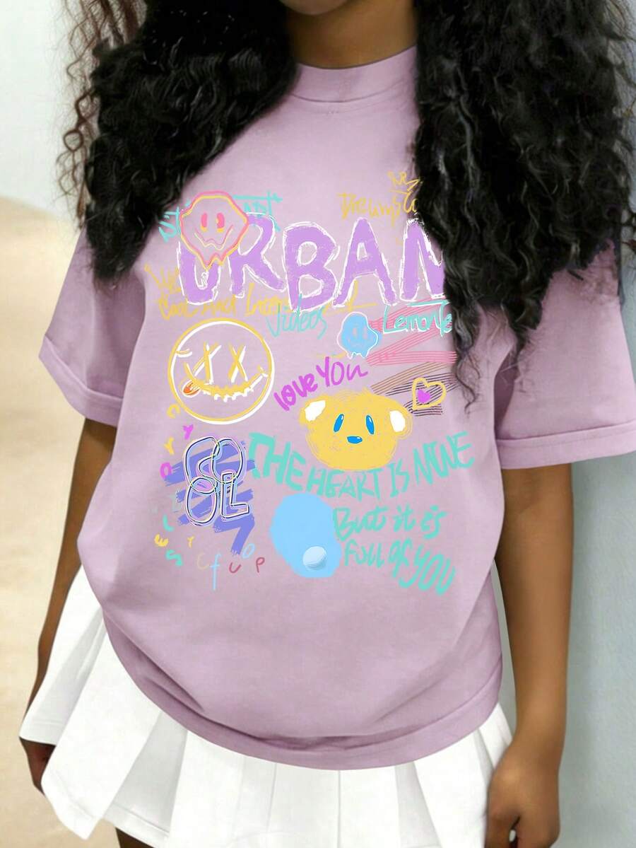 少女涂鸦都市印花柔软短袖T恤，休闲街头风夏季上衣 - 紫色 - 查看 1