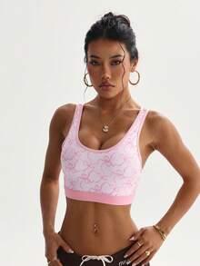 Women's Pink Bow Graphic Print Removable Padded Sports Bra With Backless Design - Pink - View 4