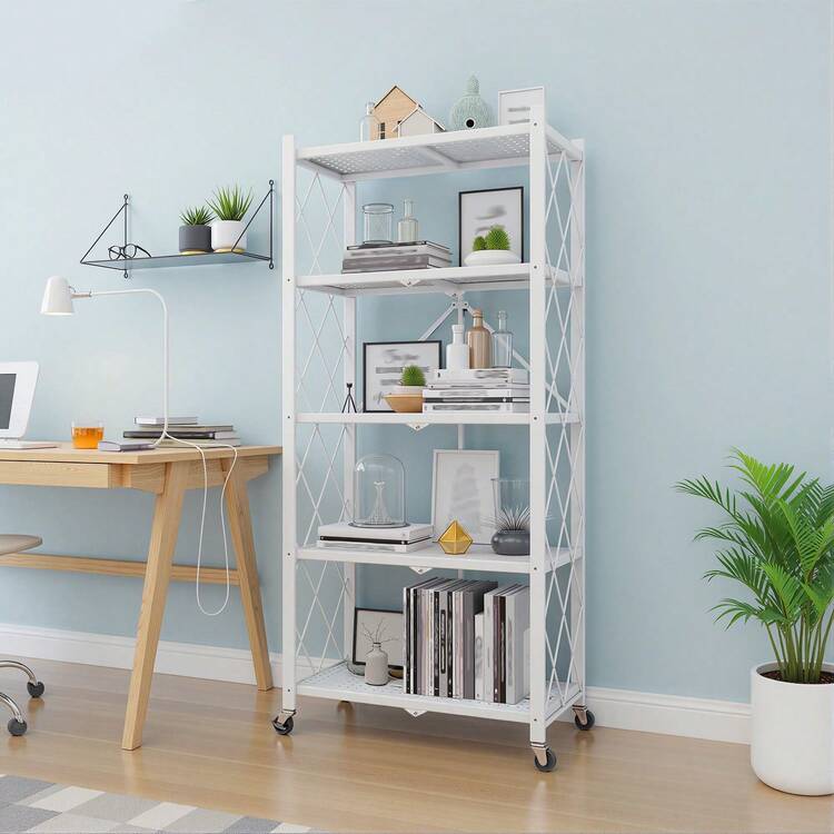 Upgraded Home 5-Tier Foldable Storage Shelf With Wheels ,Collapsible Shelving Unit,750 Lbs Large Capacity Storage Trolley,Display Metal Rack, Rolling Cart For Books,Kitchen Storage Shelves, Garage Storage,Pantry & Closet Organizer, Office Room,Decor,Bathroom(Black/White/Pink/Green),No Assembly - 彩色 - 查看 12