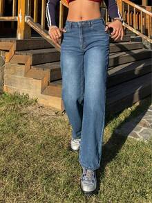 Women's Solid Color Denim Straight Pants With Invisible Zipper - Casual Slimming Body-Friendly - Dark Wash - View 8