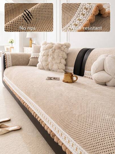 1件装现代雪尼尔沙发套 - 蜂窝纹理绒球设计，防滑、防刮、防尘、易清洁、宠物友好型沙发保护套，适用于1/2/3/4座沙发和L型沙发，适用于客厅、卧室、书房、餐厅，可机洗、手洗、干洗