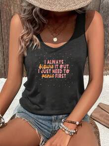 1pc I Always Figure It Out I Just Need To Panic First Women's Plus Size Tank Tops Crew Neck Novelty Shirt Casual Top Funny Graphic Tee Sleeveless Summer Vacation Clothing - 黑色 - 查看 1