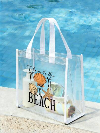 Bolso de tote de PVC transparente con texto "Llévame a la playa", que se puede usar como bolso de maquillaje, bolso de compras, bolso de gelatina, bolso de regalo, bolso de hombro transparente, bolso de fiesta, bolso de regalo de boda y cumpleaños, bolso hecho a mano, regalo de fiesta, decoración de cumpleaños, decoración de regalo de fiesta, decoración de boda, suministros de fiesta, bolso de cosméticos impermeable y de moda, adecuado para madres, maestros, amigos, enfermeras, etc., también se puede usar como bolsa de aseo de viaje para la escuela, las vacaciones, el regreso a la escuela, esencial para el verano