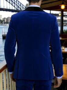 Men Suit Contrast Panel Shawl Collar Velvet Blazer Pants 2pcs Set Royal Blue Slim Fit Fashionable For Wedding Business Party Formal Occasion Size XS-XXXL Fall Winter Clothes Prom Party Christmas Eve Costumes For Men - Xanh đậm - Xem 2