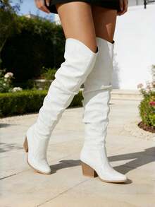 White Cowboy Boots Women Thigh High Boots Women With Low Block Chunky Heel V-Cut Pointed Toe Shoes Western Cowgirl Fashion Country Concert Summer Boots Combat Boots For Women - trắng - Xem 8