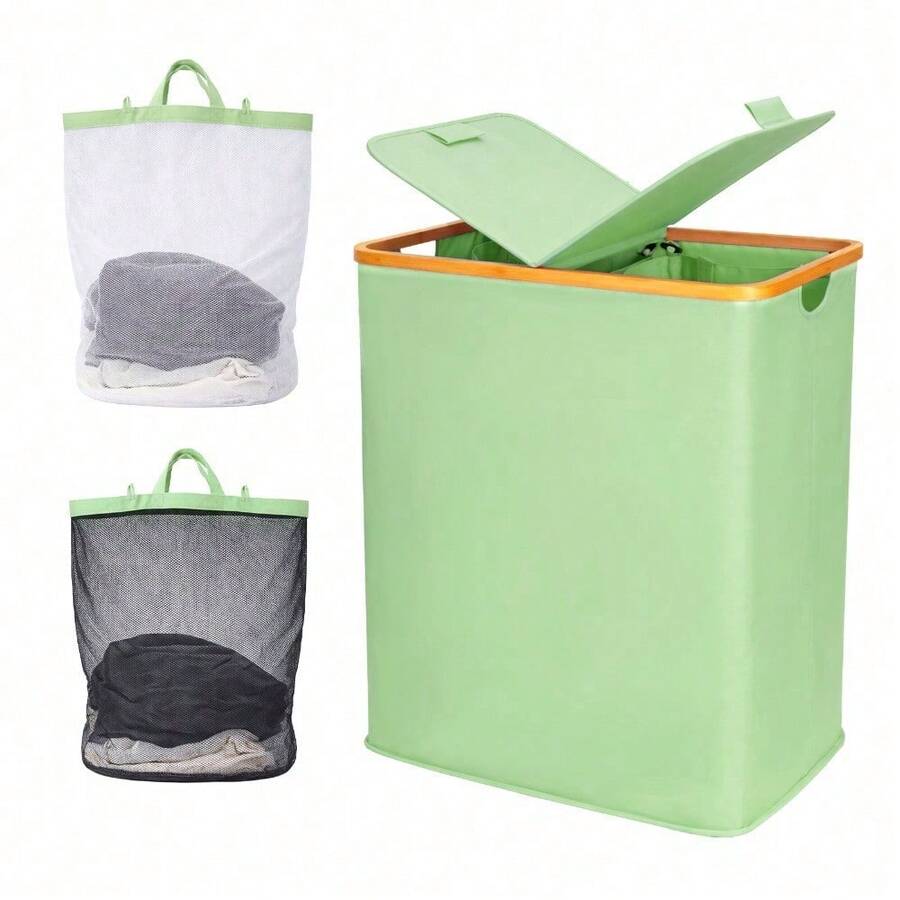 140L Laundry Hamper With Lid And 2 Removable Liners Large Capacity For Dirty Clothes Storage In Bedroom Bathroom - Green - View 1