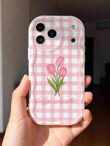 1pc Minimalist Pastoral Style Tulip Flower & Religious Slogan Pattern Asymmetrical Wavy Edge Soft Phone Case, Compatible With IPhone 11/12/13/14/15/16/17 Pro Max - Multicolor - View 5