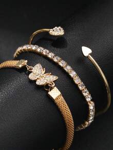 Juego de 3 piezas de pulseras de mujer con diseño de corazón abierto - creativo, retro, simple, pulsera de corazón y mariposa con suerte - Dorado - Ver 2