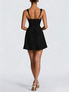 Women's Black Spaghetti Strap Mini Dress, Pleated Satin Bodycon Cocktail Party Dress For Nightclub - Black - View 7