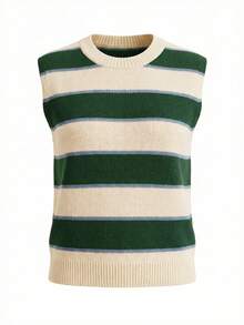 Free-Form Spring/Summer New French Elegant Casual Women Knitted Contrast Trim Sweater Vest, Suitable For Daily, Commute, Work, Teacher, Minimalist - Green - View 4