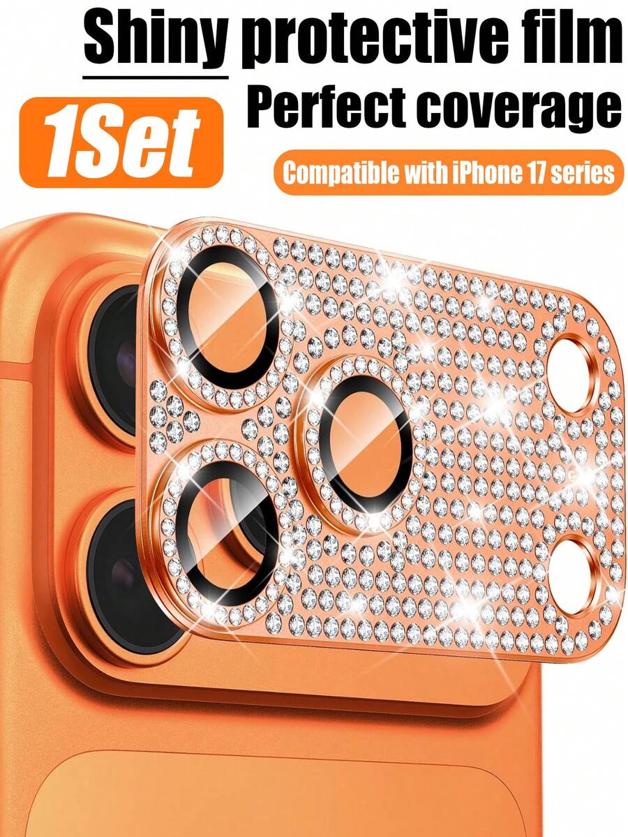 Miếng dán bảo vệ ống kính camera bằng hợp kim nhôm đính đá lấp lánh màu cam, tương thích với iPhone 17 Pro Max. Keo dán chắc chắn, chất liệu kim loại sáng bóng, hợp kim nhôm, bảo vệ màn hình camera sau cho điện thoại 17 Pro Max/17 Pro. Quà tặng mùa xuân, quà sinh nhật. - Màu Cam cháy - Xem 1
