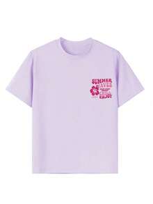 Tween Girl Hibiscus Flower Print T-Shirt, Soft And Comfortable Fabric, Suitable For Girls To Wear For Travel, Vacation, Outdoor Sports, Daily Wear, Casual Travel, Best Choice! Fashionable Tween Girls Casual Versatile Top For Spring And Summer - Mauve Purple - View 5