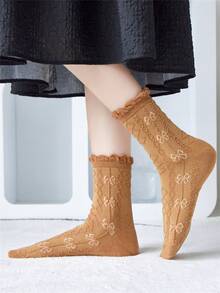 1 Pair Women's Socks With 3D Bow Ruffle Embossed Design, Bubble Hem Mid-Calf Socks, Spring/Summer - Camel - View 2