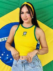 Women's Cropped Top, Brazilian National Team, Ribbed Tank Top, Basic, Casual, Comfortable,  Fashion, World Cup 2026 - 黃色 - 查看 1