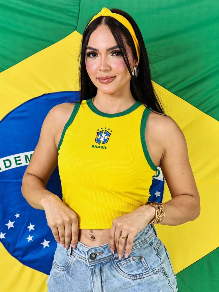 Women's Cropped Top, Brazilian National Team, Ribbed Tank Top, Basic, Casual, Comfortable,  Fashion, World Cup 2026 - 黃色 - 查看 1