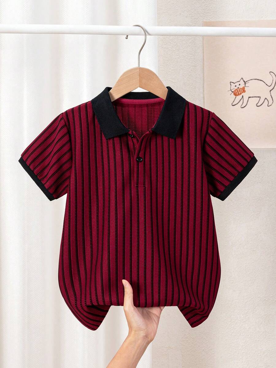 Tween Boy Casual Stylish Textured Colorblock Striped Short Sleeve Polo Shirt, Suitable For Spring/Summer, Back To School, Daily Wear, Vacation - Burgundy - View 1