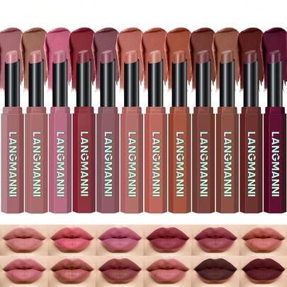 12 Colors Velvet Matte Lipstick, Nude Matte Soft Dark Color Lipstick, High Pigment Long Lasting Waterproof Lipstick, Makeup Gift For Women & Girls